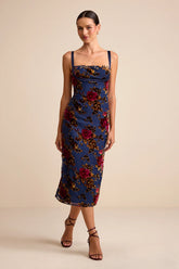 Tessa Navy Floral Jacquard Column Midi Dress