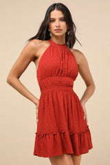 Zahia Rust Red Swiss Dot Ruffled Halter Mini Dress