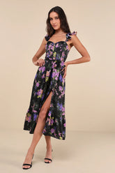 Sweet Like Sangria Purple Floral Ruffled Bustier Midi Dress