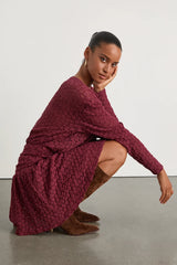 Zallie Wine Red Textured Knit Ruched Long Sleeve Mini Dress
