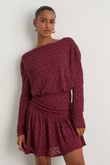 Zallie Wine Red Textured Knit Ruched Long Sleeve Mini Dress