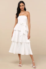 Truly Marvelous White Jacquard Strapless Tiered Midi Dress