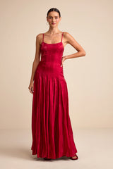 Zeline Berry Red Organza Pleated Drop Waist Maxi Dress