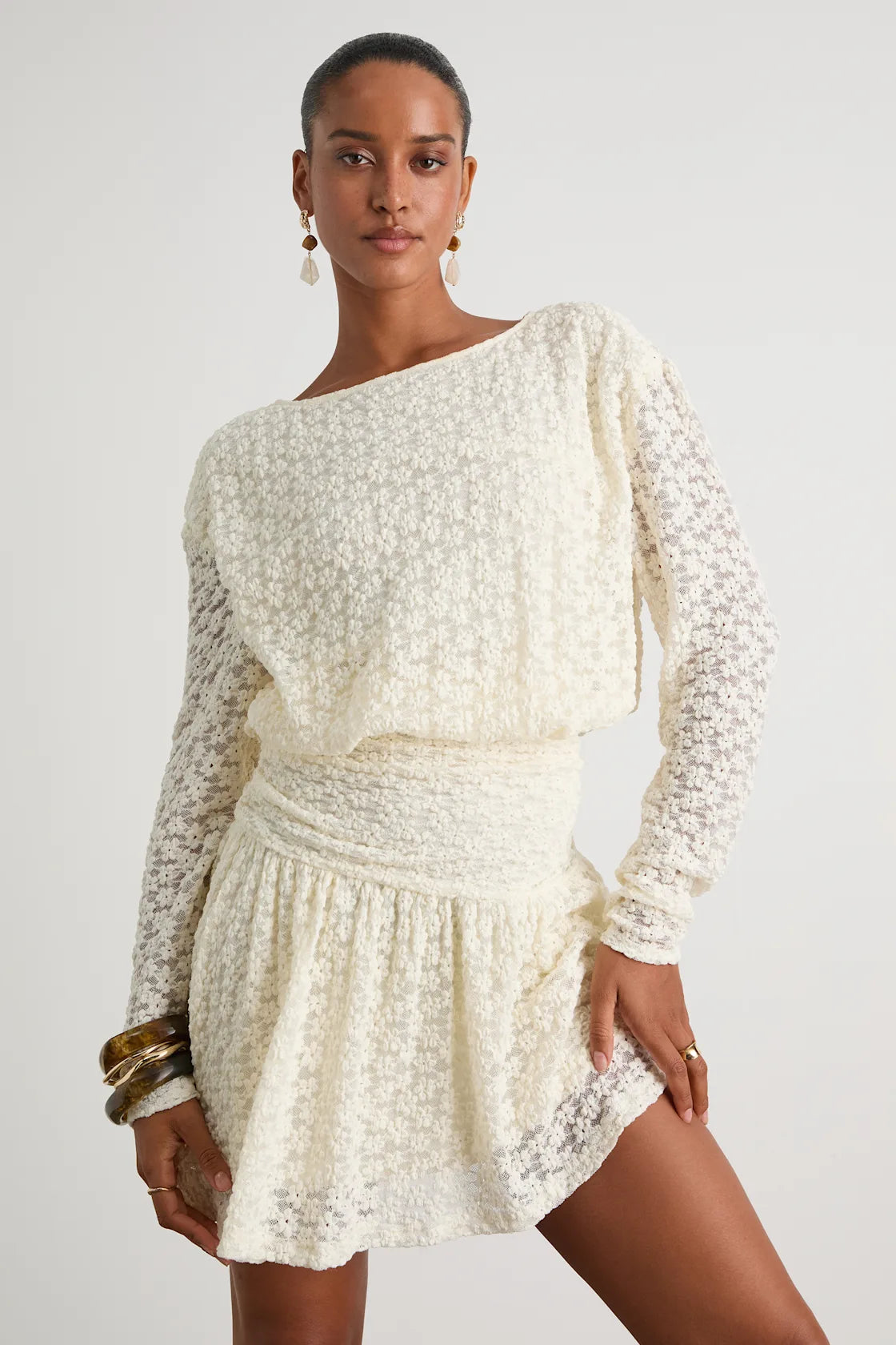 Zallie Wine Red Textured Knit Ruched Long Sleeve Mini Dress