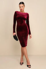 Va Va Voom Burgundy Velvet Backless Long Sleeve Midi Dress