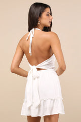 Zahia Rust Red Swiss Dot Ruffled Halter Mini Dress