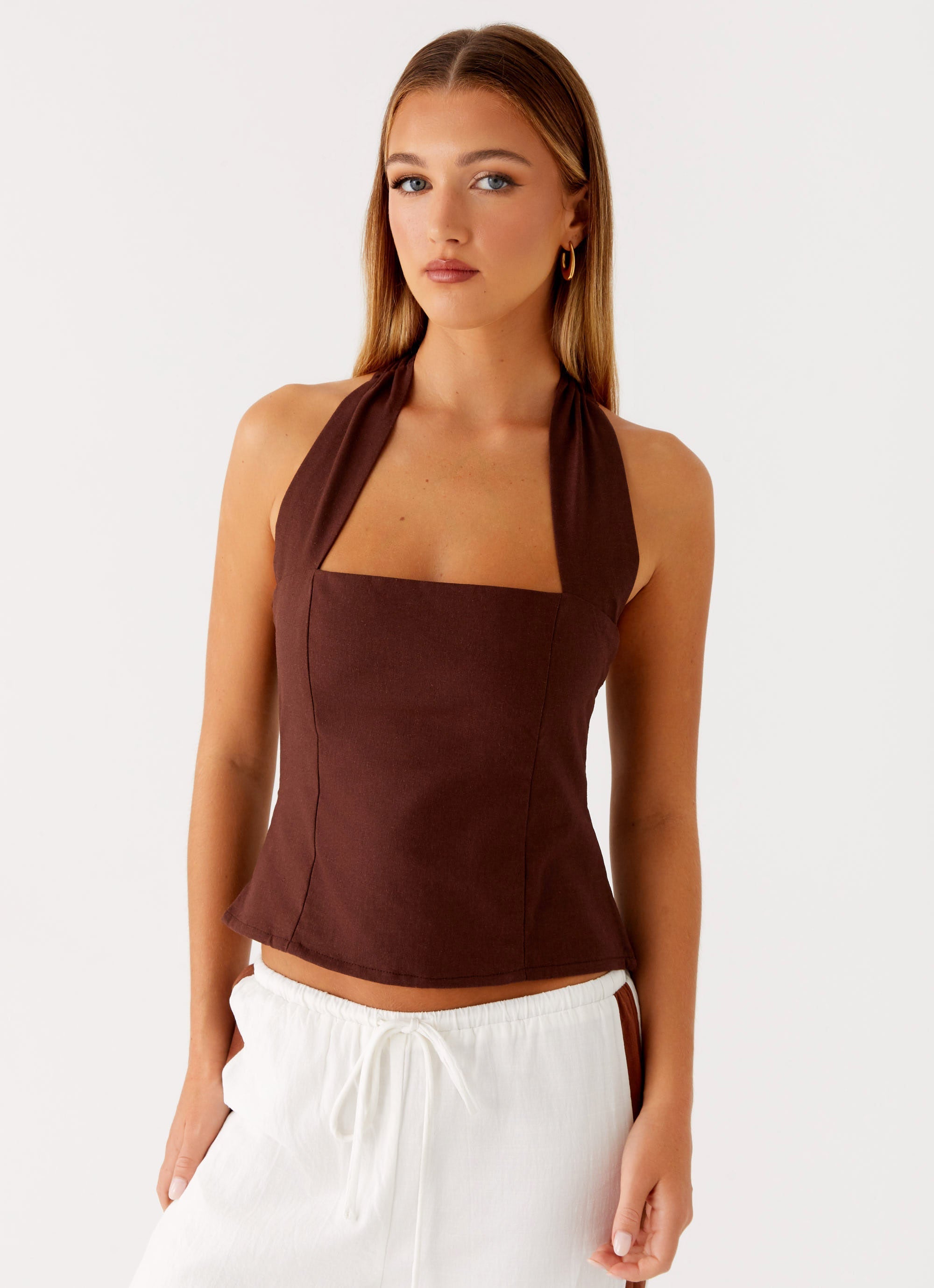 Sunflare Linen Halter Top - Chocolate