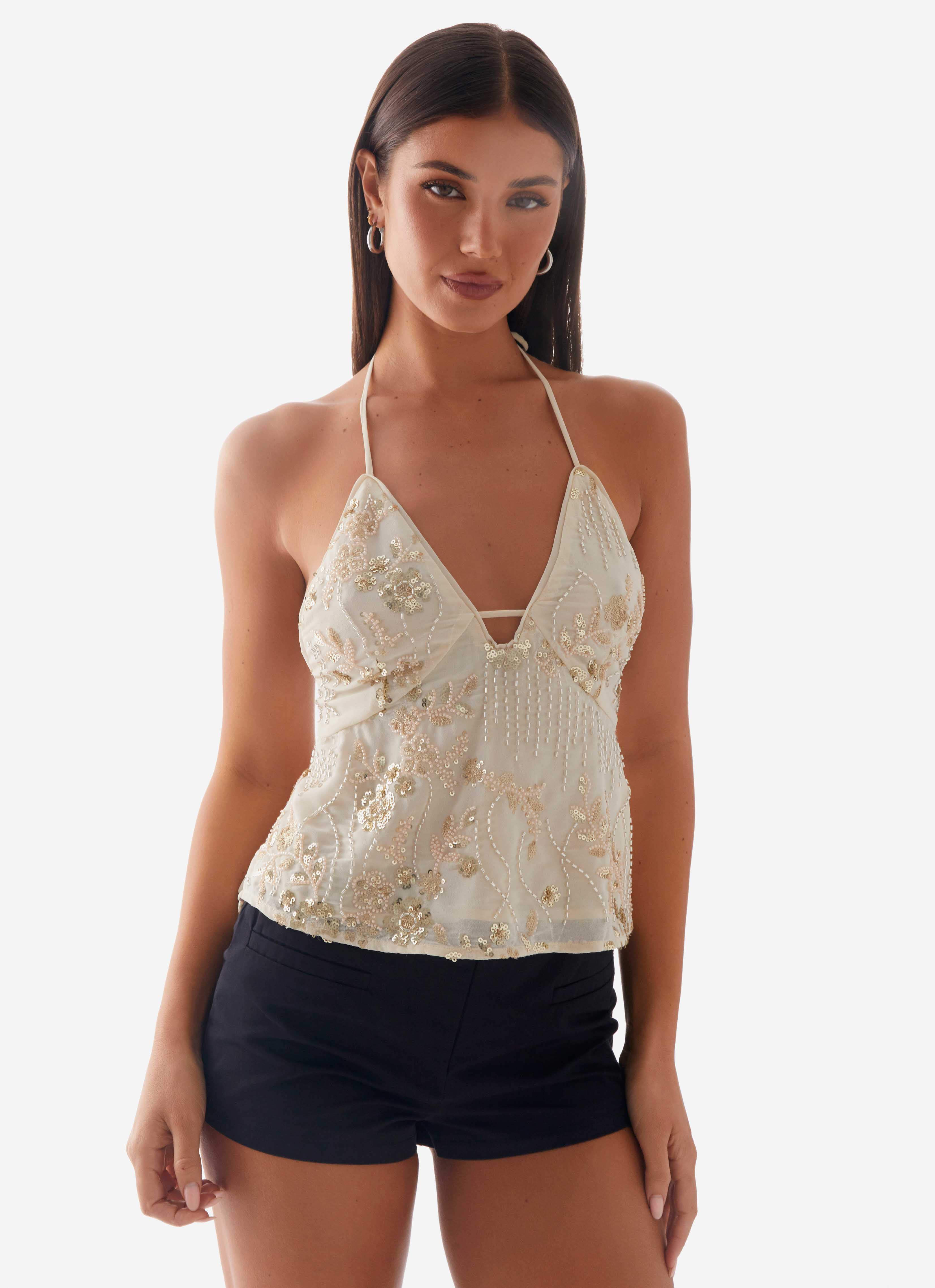 Sweet Obsessions Beaded Halter Top - Ivory